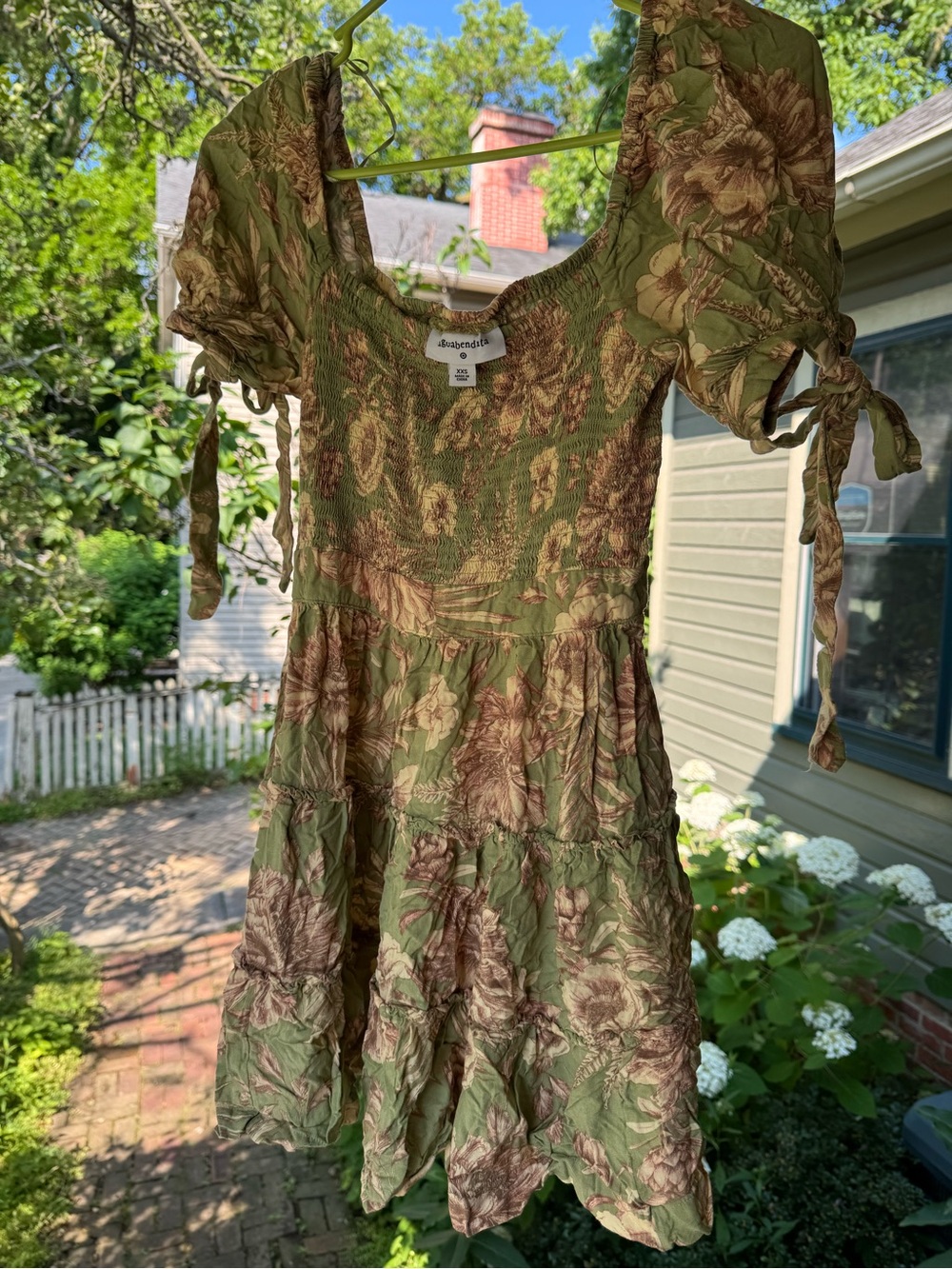 Agua Bendita Olive & Tan Floral Smocked Mini Dress with Puff Sleeves